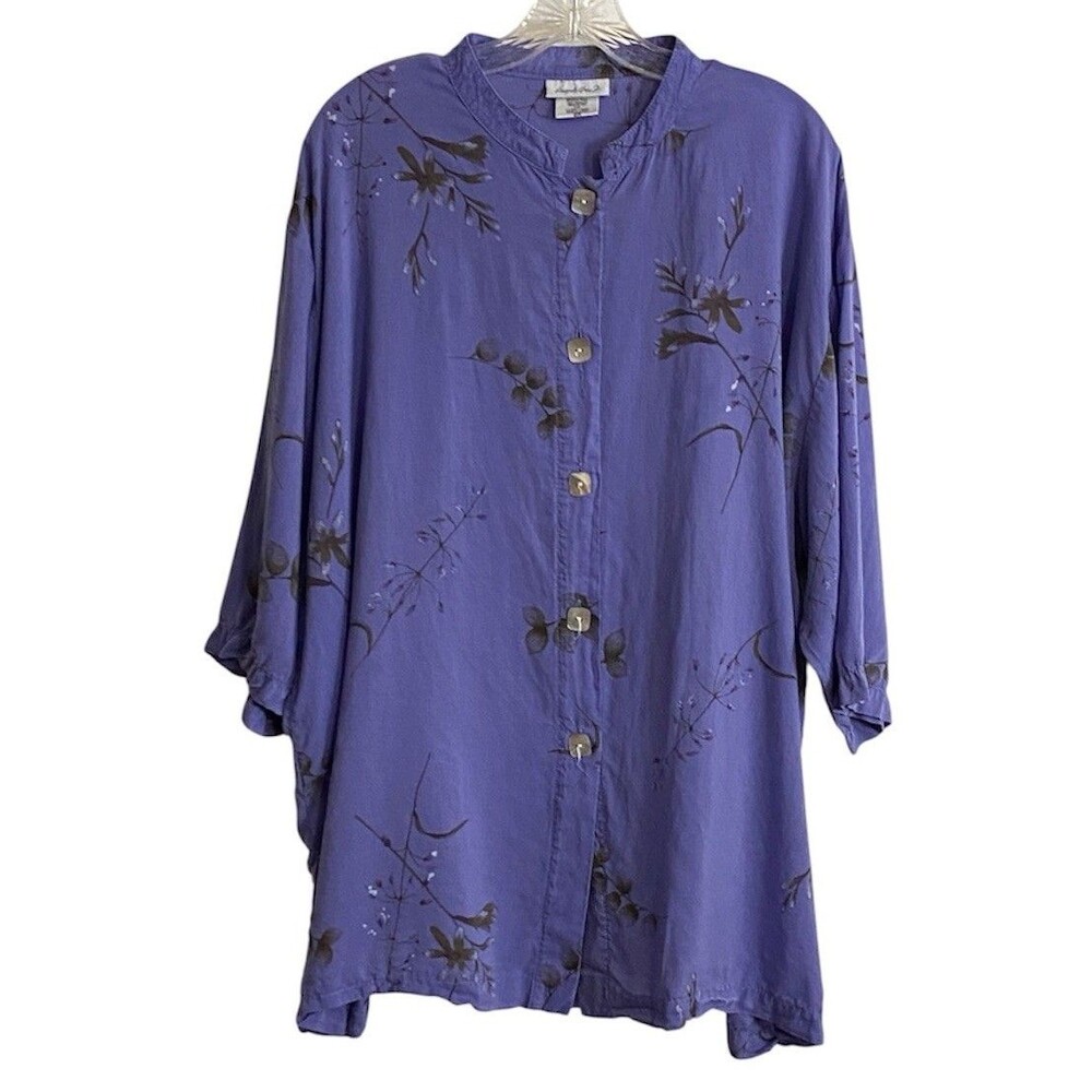Vintage Amanda Gray Size 2X Tencel Blouse Purple Floral Button-Up Cottagecore